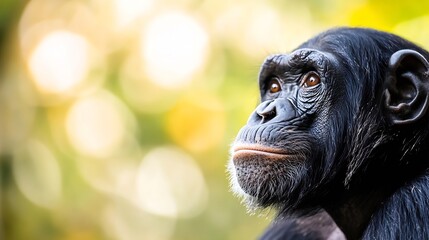 Poster - Majestic chimpanzee gazing thoughtfully with blurred background in a vibrant natural setting : Generative AI