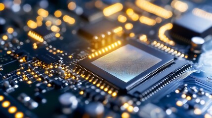 Fototapete - Abstract Close Up of Advanced Circuit Board with Microprocessor and LED Lights : Generative AI