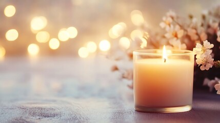 Aufkleber - Softly Glowing Candle Surrounded by Delicate Flowers and Warm Light Reflections : Generative AI