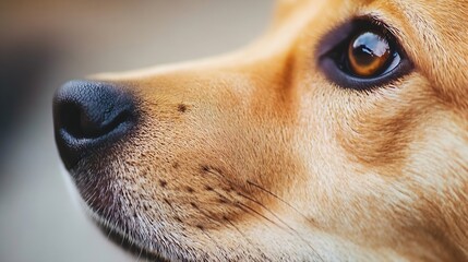 Poster - Close up detailed shot of a dog showcasing its expressive eyes and prominent features in natural light : Generative AI