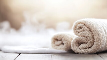 Poster - Rolled Soft Bath Towels on a Wooden Surface for a Tranquil Spa Experience with Relaxing Atmosphere : Generative AI