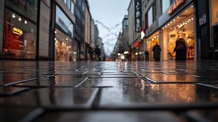 Poster - Rainsoaked shopping street scene under soft lighting reflecting vibrant storefronts on a busy day in the city : Generative AI