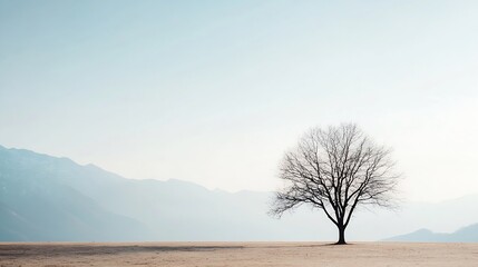 Aufkleber - Solitary tree standing in a serene landscape with mountains in the background under a calm sky : Generative AI