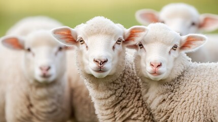 Poster - Curious sheep looking towards the camera in a green pasture showcasing their adorable features and woolly coats : Generative AI