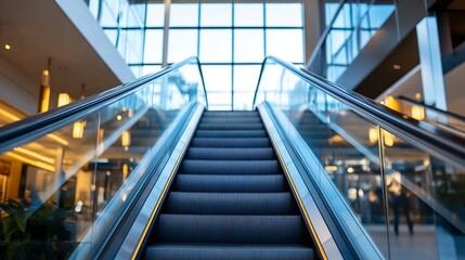 Poster - Escalator leading up in a bright shopping mall with large glass windows and modern architecture : Generative AI