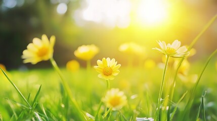 Poster - Bright Yellow Daisy Flowers Blooming in a Sunlit Green Field with Soft Background : Generative AI