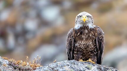 Poster - Close up of a majestic eagle perched on a rock with a focused gaze showcasing its impressive features : Generative AI