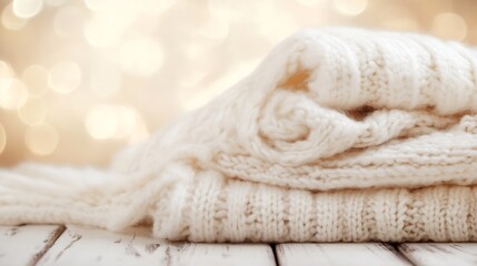 Poster - Cozy and Warm Folded Knitted Sweaters on Wooden Table with Soft Bokeh Background : Generative AI