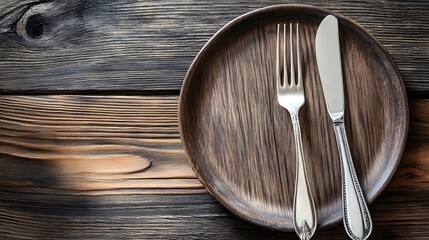 Aufkleber - Elegant wooden plate setting with fork and knife ready for a delicious meal : Generative AI