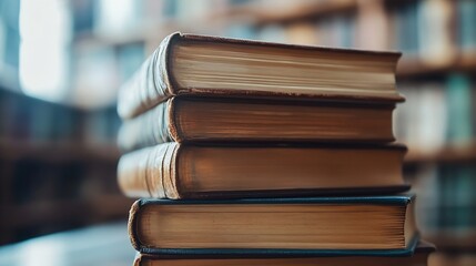 Poster - Closeup view of vintage books stacked on a shelf surrounded by an enchanting library atmosphere : Generative AI