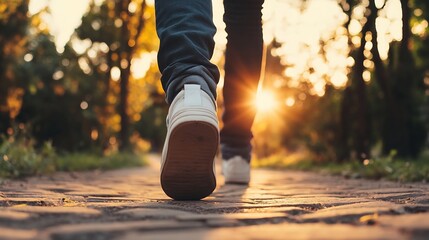 Poster - A person walking on a stone path at sunset showcasing the beauty of nature and evening light : Generative AI