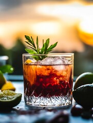 Poster - Refreshing cocktail served in a glass with ice and garnished with a sprig of mint and lemon : Generative AI