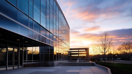 Aufkleber - Modern Glass Building Reflecting Sunset Sky in Urban Setting : Generative AI