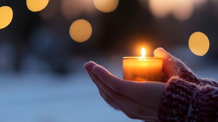 Poster - Warm Candlelight in Hands During Winter Evening with Soft Glow and Bokeh : Generative AI