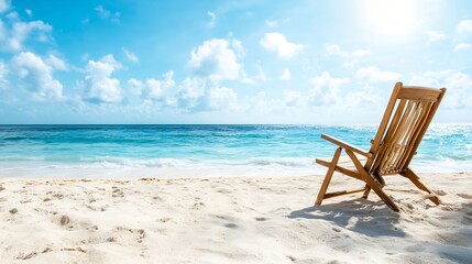 Poster - Lone beach chair on pristine sandy shore under a bright blue sky with gentle waves : Generative AI