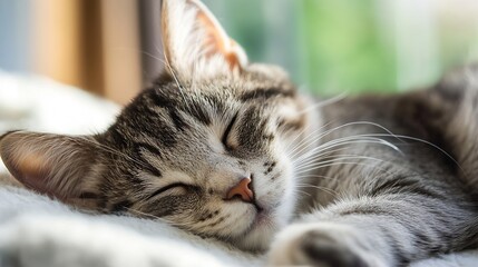 Poster - Cute sleeping cat resting peacefully in soft sunlight on cozy blanket showcasing calm and comfort : Generative AI