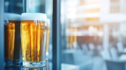 Poster - Refreshing glass of beer sitting on a table in a modern bar with a bright ambiance : Generative AI
