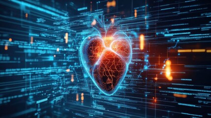 Fototapete - Futuristic Digital Heart with Glowing Lines and Data Flow Representing Technology and Healthcare Innovations