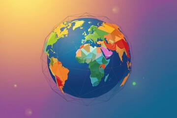 Wall Mural - Colorful Geometric World Map on a Gradient Background with Light Flare