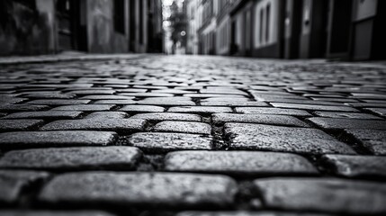 Poster - Closeup view of historic cobblestone street showcasing the texture of the stones : Generative AI