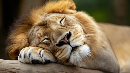 Poster - Majestic Lion Resting Peacefully with its Eyes Closed Under Natural Light in the Wild : Generative AI
