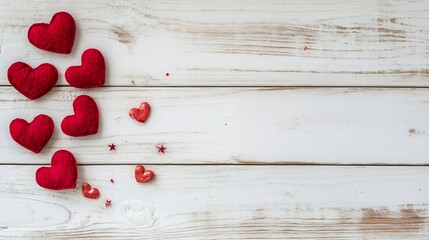 Poster - Handmade red felt hearts scattered on a light wooden surface creating a charming romantic ambiance : Generative AI