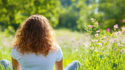 Poster - Young woman relaxing in nature with beautiful flora and greenery during sunny day : Generative AI