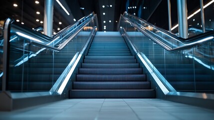 Poster - Modern Urban Staircase with Sleek Glass Railings and Calm Lighting : Generative AI