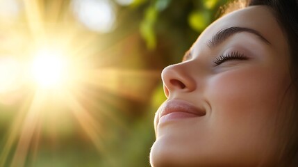 Aufkleber - Serene woman enjoying sunlight embracing nature with a peaceful smile : Generative AI