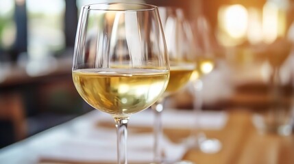 Aufkleber - Elegant White Wine Glasses in a Cozy Restaurant Setting with Warm Lighting : Generative AI