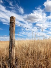 Poster - Rustic wooden fence post standing tall amidst a field of golden grass under a bright blue sky : Generative AI