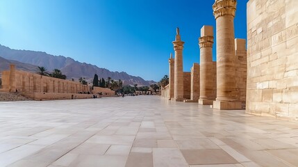 Poster - Ancient temple ruins with towering columns and majestic mountain backdrop in bright sunshine : Generative AI