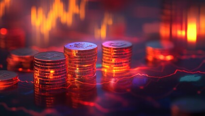 Poster - Glowing Red Cryptocurrency Coins on a Dynamic Stock Market Chart