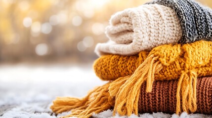 Aufkleber - Stacked Cozy Knit Blankets in Autumn Colors on a Snowy Background Warm and Inviting : Generative AI