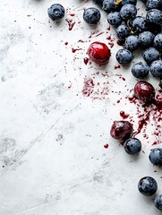 Poster - Freshly picked blueberries and cherries on a textured surface with vibrant juice spills : Generative AI