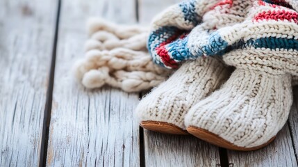 Aufkleber - Cozy knit slippers resting next to a colorful woven scarf on a wooden floor : Generative AI