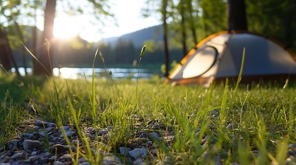 Aufkleber - Peaceful campsite by the lake at sunset with grass and tent in the foreground illuminating the scene : Generative AI