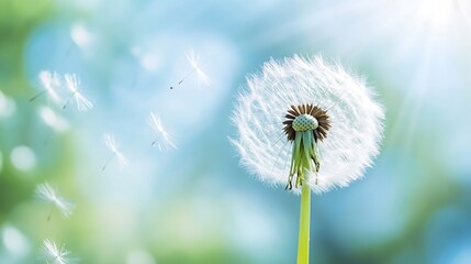 Poster - Delicate Dandelion Flower with Fluffy Seeds Blowing in Gentle Breeze on Sunny Day : Generative AI
