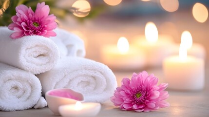 Poster - Spa Setting with Soft Towels and Candles for Relaxation : Generative AI