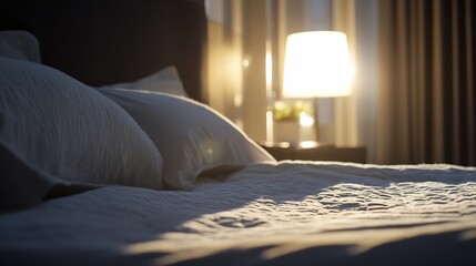 Poster - Beautifully arranged stylish bedroom with soft pillows and warm light from lamp at sunset : Generative AI