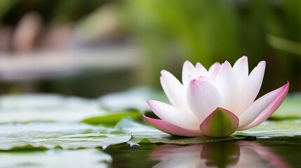 Poster - Beautiful pink and white lotus flower blooming on water surface with green lily pads : Generative AI