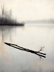 Poster - Serene landscape featuring calm lake with fallen tree branch reflected in still water on a misty morning : Generative AI