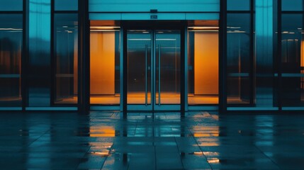 Poster - Modern glass entrance of a building reflecting warm light in the evening, showcasing sleek design and urban architecture