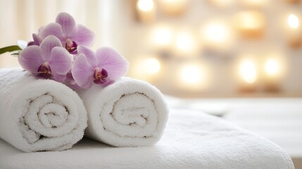 Poster - Spa Setup with White Towels and Purple Orchids Creating a Relaxing Ambiance : Generative AI