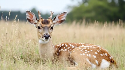 Aufkleber - Beautiful close up of a young deer resting in a grass field enjoying nature's tranquility : Generative AI