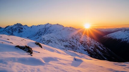 Poster - Breathtaking winter sunset over snow-covered mountains with warm light illuminating the landscape : Generative AI