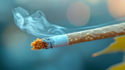 Poster - Wisps of smoke gracefully ascend from the glowing tip of a cigarette, creating a serene contrast against a blurred backdrop of a vibrant city at dusk