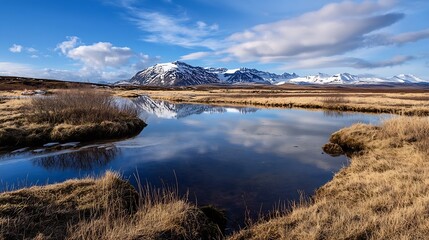 Aufkleber - Breathtaking view of a calm lake reflecting snowy mountains under a blue sky : Generative AI