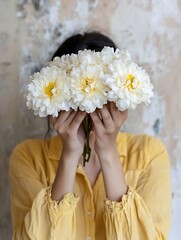 Aufkleber - Delicate Hands Holding a Bouquet of White Peonies Against a Vintage Textured Background : Generative AI