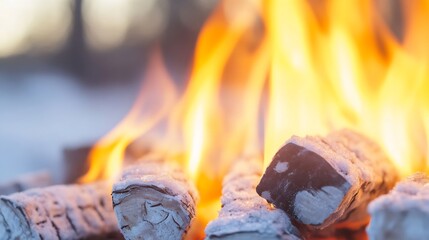 Fototapete - Close Up of Burning Logs in a Fire Pit with Flames Dancing Above Creating a Cozy Ambiance : Generative AI